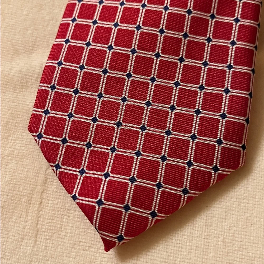 Chaps boy’s CLIP ON silk tie red navy white windowpane handmade worn 1X EUC